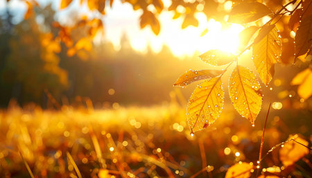 Autumn leaves on a sunny day. Beautiful nature background with bokehの素材