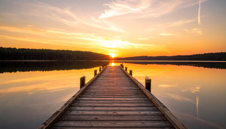 Wooden pier on the lake at sunrise. Beautiful summer landscape.の素材