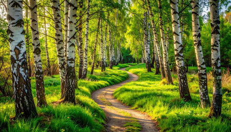 Path in a birch grove in the early morning in summerの素材