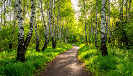 Path in a birch grove in the early morning in summerの素材