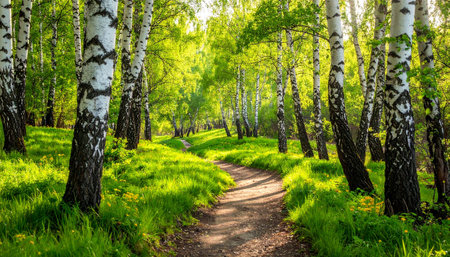 Path in the spring birch grove with green grass and yellow flowersの素材