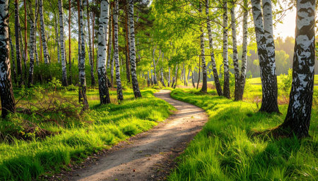 Sunset or sunrise in a birch grove with the first rays of sun illuminating the pathの素材