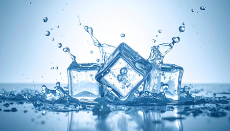 Ice cubes with water splash on blue background. 3d rendering.の素材