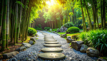 Stone walkway in the park with green bamboo forest and sunlight.の素材