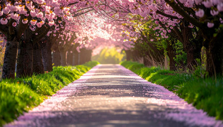 Cherry blossoms in full bloom along a road in spring.の素材