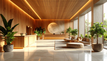 Interior of hotel lobby with wooden walls and tiled floor 3d renderingの素材