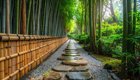 Green bamboo forest in Arashiyama, Kyoto, Japan.の素材
