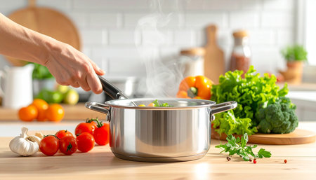 Closeup on human hand cooking soup with vegetables in kitchen at homeの素材