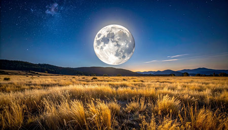 Full moon over the meadow in the mountains at night with starsの素材