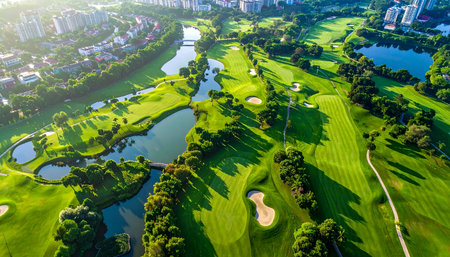 Aerial view of beautiful golf course with green grass and beautiful sunsetの素材