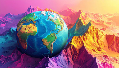 Earth planet in colorful mountains. 3D illustration. Elements of this image furnished by NASAの素材