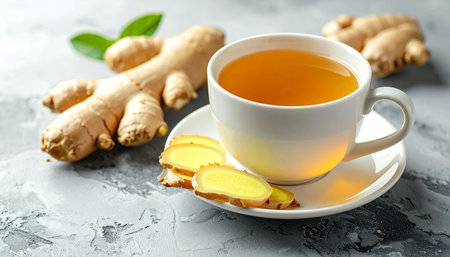 Cup of tea with ginger on grey textured background, closeupの素材