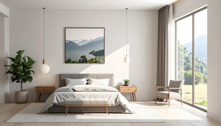 Interior of modern bedroom with wooden bed and mountain view, 3D renderingの素材