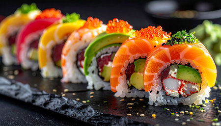 Sushi set on black stone background. Sushi roll with salmon, avocado, cream cheese, cucumber, red caviar.の素材