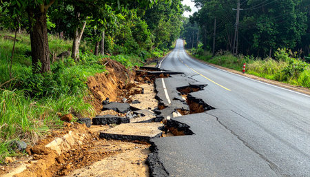 Damaged asphalt road with cracks and potholes in the middleの素材