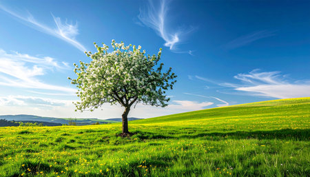 Apple tree on a green meadow with dandelions and blue skyの素材