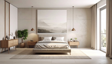 Interior of modern bedroom with white walls, tatami floor, comfortable king size bed and wooden wardrobe. 3d renderingの素材