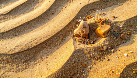 Stones in the sand on the beach at sunset. Natural backgroundの素材