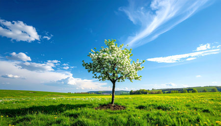 Apple tree on a green meadow with dandelions and blue skyの素材