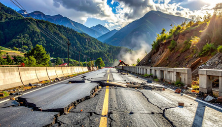 Damaged asphalt road in Himalayas, Uttarakhand, Indiaの素材