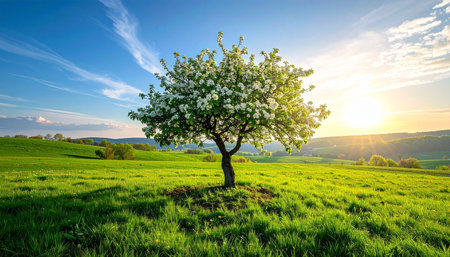 apple tree on a green meadow at sunset. beautiful spring landscapeの素材
