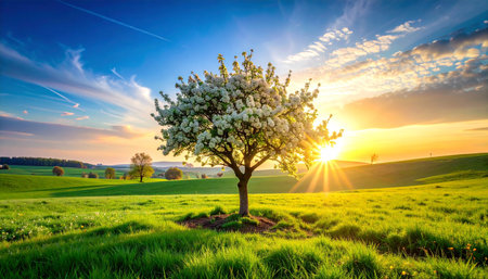 Apple tree in the field at sunset. Beautiful spring landscape with blooming treeの素材