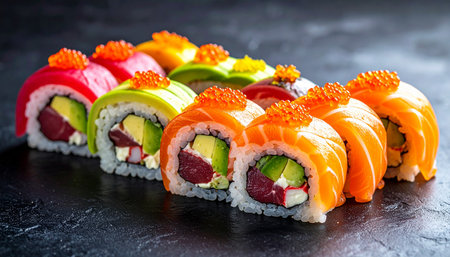 Set of sushi on black stone background. Sushi roll with salmon, tuna, avocado, cucumber, red caviar.の素材