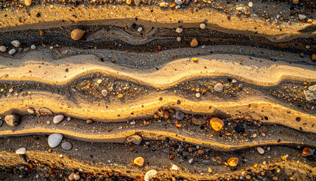 sand and stones in the form of a wave on the beach.の素材