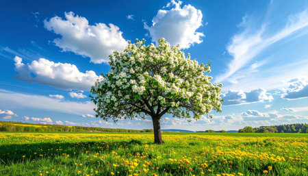 Spring landscape with blooming apple tree on meadow and blue skyの素材