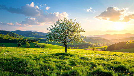 Beautiful spring landscape with blooming apple tree on the hillsideの素材