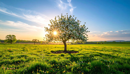 Blossoming apple tree on the meadow at sunset, spring landscapeの素材
