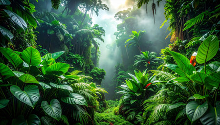 tropical rainforest with fog and palm trees, beautiful nature backgroundの素材