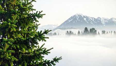 Foggy morning in the mountains with fir trees and snowy peaksの素材