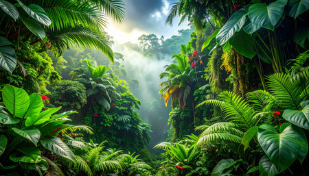 Tropical rainforest with fog and sunlight. Nature background.の素材