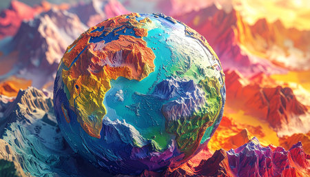 3D illustration of Earth planet over colorful background, 3D renderingの素材
