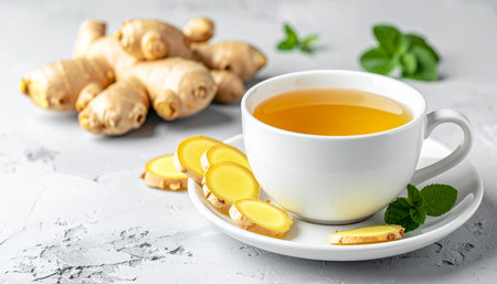 Cup of ginger tea with fresh ginger on a light background.の素材