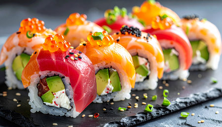 Sushi roll with salmon, tuna, avocado, cucumber and cream cheeseの素材