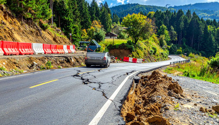 Damaged asphalt road in the mountains. Damaged road in the mountains.の素材