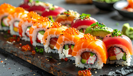 sushi rolls with salmon, avocado and caviar on a black backgroundの素材
