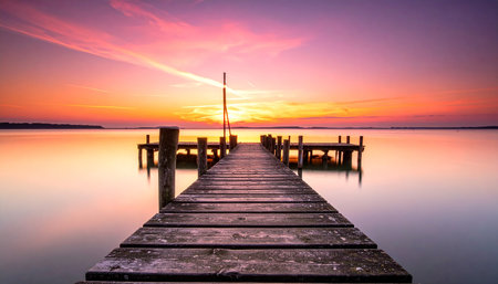 Wooden jetty on the lake at beautiful sunset. Nature backgroundの素材