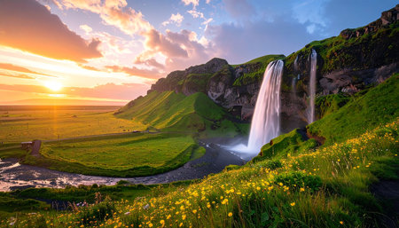 Seljalandsfoss waterfall at sunrise, Iceland. Summer landscape.の素材
