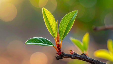 Close up of green leaves on tree branch with bokeh backgroundの素材