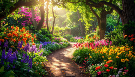 Beautiful spring garden with colorful flowers and path in the morning.の素材