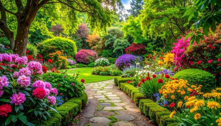 Beautiful landscaped garden with path and blooming colorful flowers.の素材