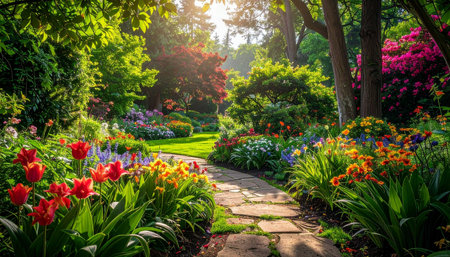 Beautiful spring garden with blooming flowers and path in sunny dayの素材