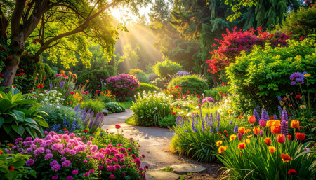 Beautiful spring garden with colorful flowers blooming in the morning.の素材