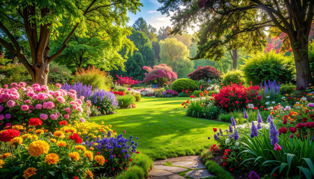 Beautiful spring garden landscape with blooming flowers in the evening.の素材