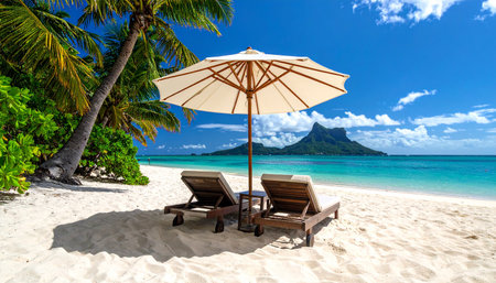 Beach chairs and umbrella on tropical beach at Seychellesの素材