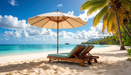 Parasol and chair on tropical beach at Seychellesの素材