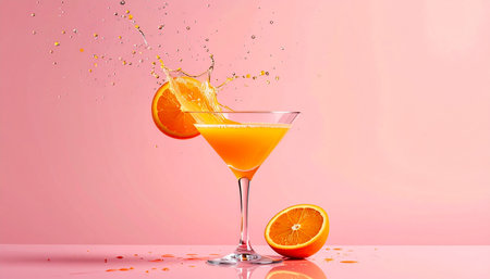 Splash of orange juice in a martini glass on a pink backgroundの素材